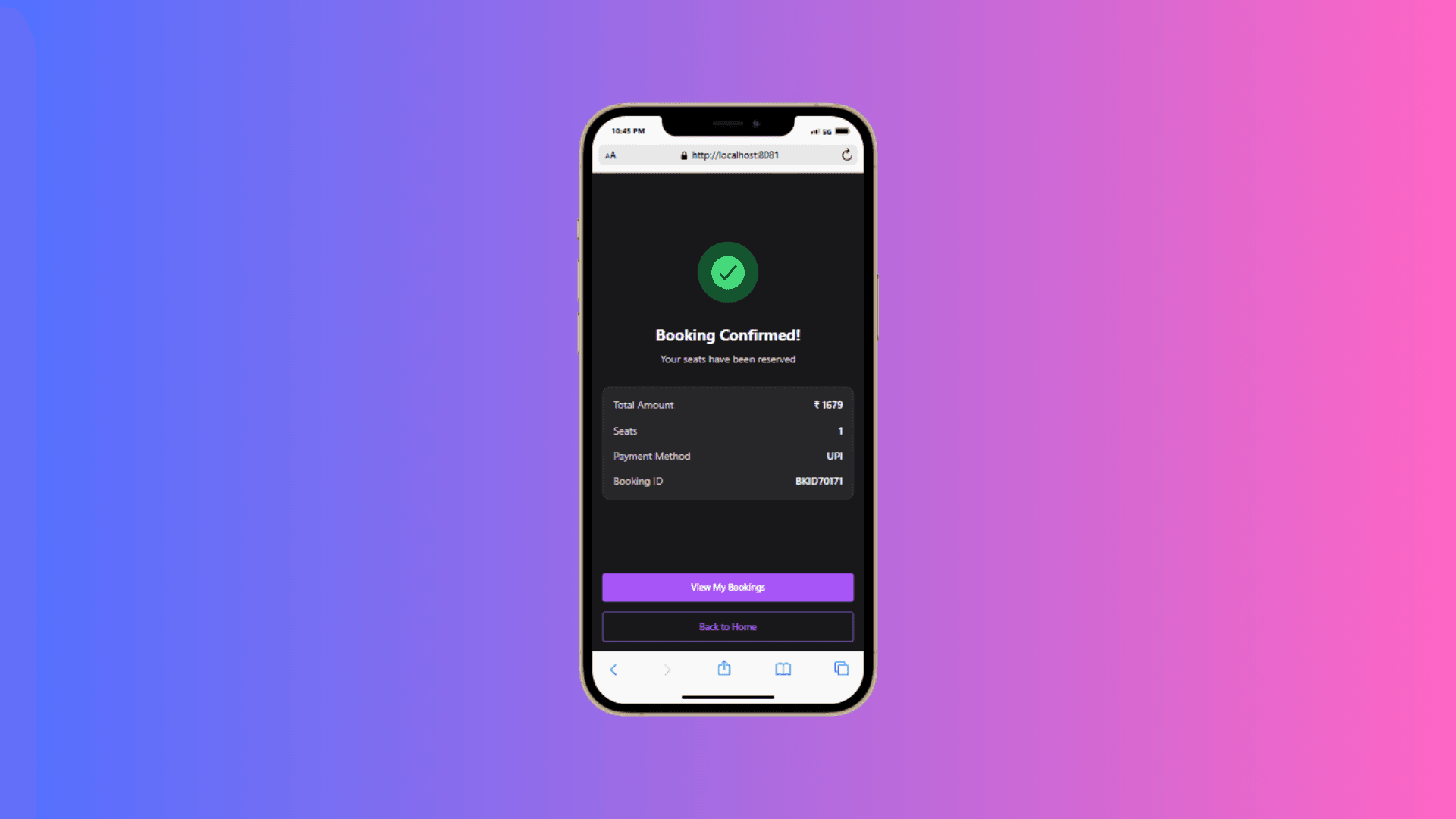 Booking confirmation - dark mode